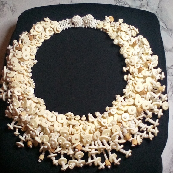 Vintage Artisan Hand Crafted Crochet MOP Ostrich Shell & Wood Beaded Necklace - Picture 11 of 12